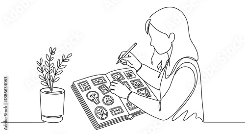 Line drawing of a woman drawing sketches in a notebook on a table with a plant on a transparent background