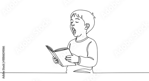 Line drawing of a young boy reading a book while sitting at a table on a transparent background