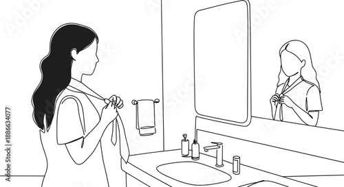 Line drawing of a young woman adjusting her hair in front of a bathroom mirror on a transparent background