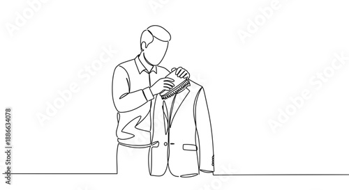 Line drawing of a man measuring a suit jacket on a mannequin with a tape measure, isolated on a transparent background