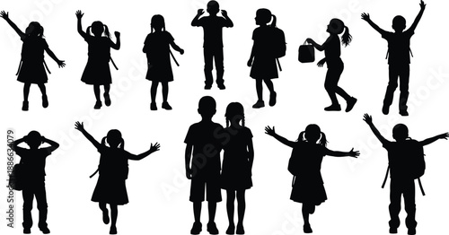 Black silhouettes of happy school children with backpacks and bags set isolated on white background, back to school education concept