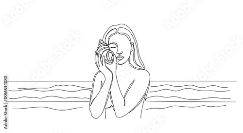Line drawing of a woman holding a seashell while standing on the beach, with waves in the background, isolated on a transparent background