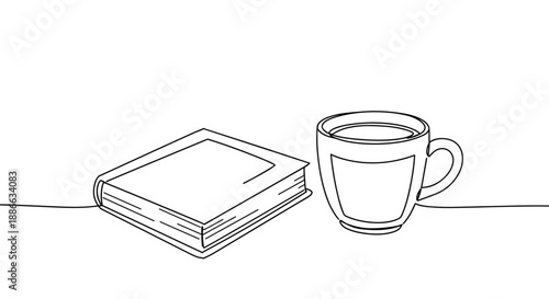 Line drawing of a cozy coffee cup next to an open book on a wooden table isolated on a transparent background