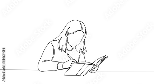 Line drawing of a woman reading a book on a table with relaxed posture and focus on the content, isolated on white background