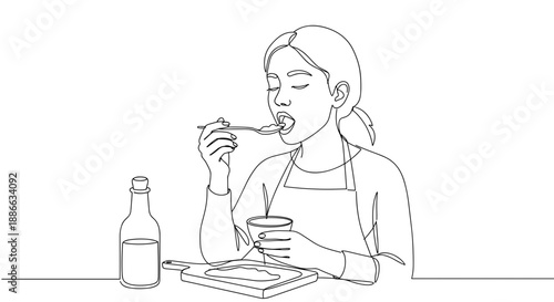 Line drawing of a woman eating a meal while sitting at a table with a drink on a transparent background