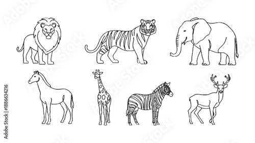 Exotic Wildlife in Line Art: A captivating array of majestic wild animals, meticulously illustrated in a detailed line art style, showcasing the beauty of the animal kingdom.