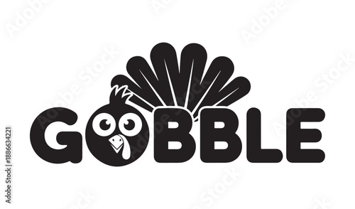 Cute cartoon turkey with 'GOBBLE' text and fan tail, perfect for Thanksgiving holiday designs.