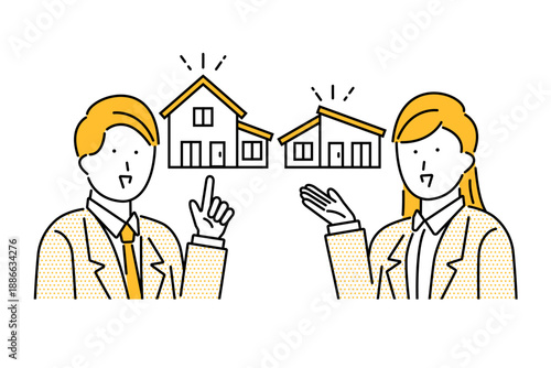 住宅を指差しするビジネスマンとビジネスウーマン
