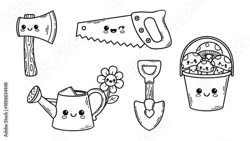 Garden Tools: A whimsical illustration of garden tools, from an axe to a bucket, all with charming, friendly faces, set against a backdrop.