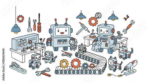 Robotic Workshop: Playful depiction of a robot workshop buzzing with activity, robots of various sizes collaborate with tools to assemble and refine their creations.