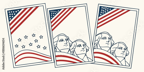 American Heritage Triptych – Stylized Flag & Presidential Portraits in Red, White & Blue Panels, USA, United States