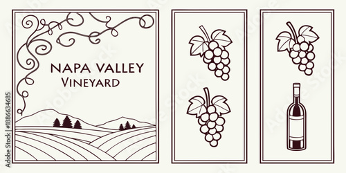 Napa Valley Vineyard Triptych – Vintage Grapevines, Grape Clusters & Wine Bottle in Rustic Panels, USA, United States