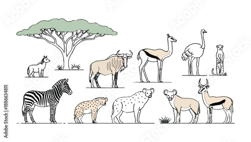 African Wildlife Illustration: A stylized illustration showcases a variety of African animals in their natural habitat, featuring the iconic fauna of the continent.