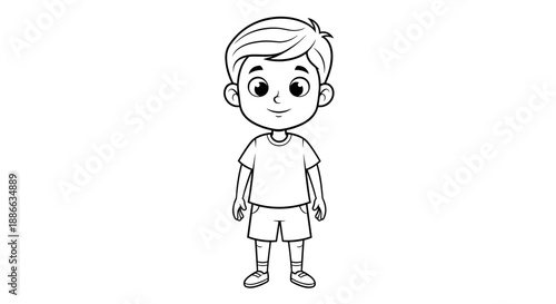 Simple Line Drawing of a Cheerful Cartoon Boy Standing.