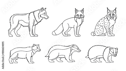 Animal Lineup Illustration: A collection of various wild animals in line art, highlighting their unique features and forms.