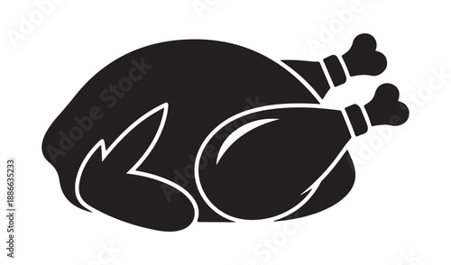 Bold black silhouette of a cooked whole chicken with a white outline, ready for a feast or holiday meal.