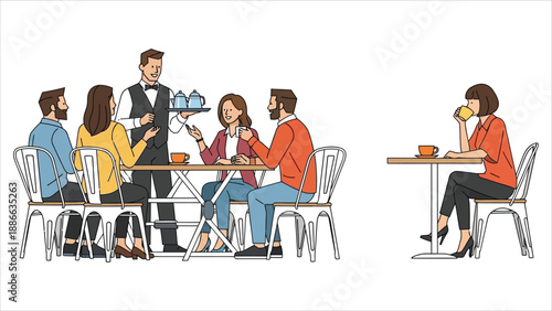 People Socializing and Eating at Restaurant Flat Design.eps