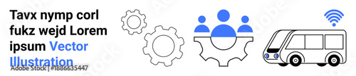 Transportation, smart cities, connectivity, teamwork, innovation, mobility. Gears, people icons and a bus connected via wireless. Transportation and smart cities concept