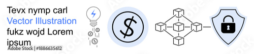 Blockchain, digital security, cryptocurrency, decentralized systems, financial transparency, innovation. Connected icons including a shield, blockchain network dollar symbol and energy. Blockchain
