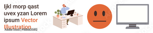 Workplace stress, digital communication, emotions, office setup, productivity, minimalist design. Man at desk, neutral emotion face monitor. Workplace stress and digital communication concept