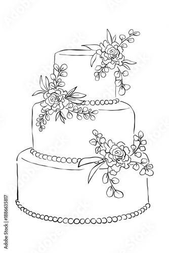 Hand drawn line art wedding cake illustration. Vintage ink invitation and place card design element