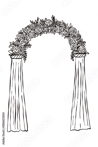 Elegant ink hand drawn floral wedding arch for ceremony. Line drawing wedding illustration design for cards and invitations