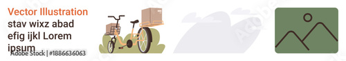 Sustainable transportation, eco-friendly logistics, delivery services, shipping, e-commerce solutions, flexibility. A cargo bike with boxes and a simplified nature icon. Sustainable transportation