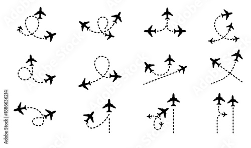 Airplane direction and flight route collection with arrows and curved paths