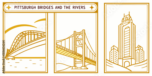 Pittsburgh Bridges & Rivers Triptych – Stylized Arched Bridge, Suspension Span & Skyline in Golden Monochrome, USA, United States