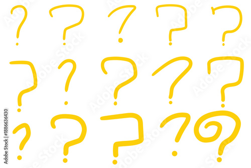 Hand-drawn doodle set of yellow question marks on a white background.