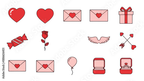 Valentine's Day Icons: Hearts, Roses, Gifts, Envelopes, Ring, Balloon, Candy, Arrows