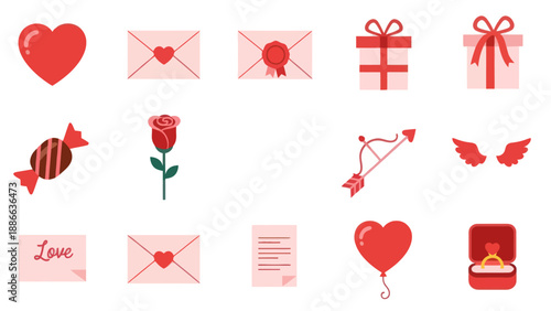 Valentine's Day Icons Set: Hearts, Gifts, Envelopes, Rose, Cupid's Arrow, Ring