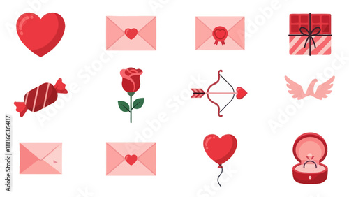 Valentine's Day Icons: Love, Romance, Gifts, Envelopes, Rose, Heart Balloon, Ring