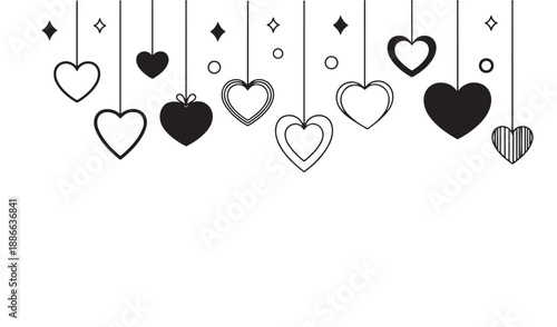 Whimsical arrangement of hanging heart ornaments, some filled and some outlined, ideal for Valentine's Day decorations.