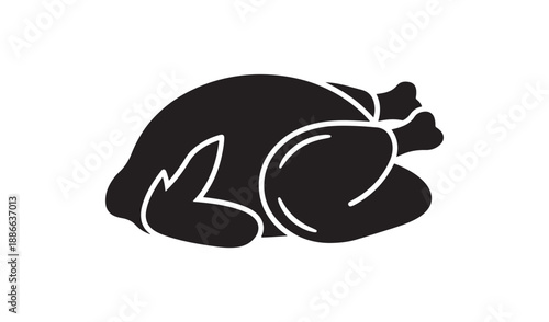 Black silhouette of a whole roasted chicken, isolated on a white background, simple flat vector illustration