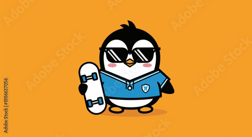 Cartoon penguin with sunglasses and skateboard