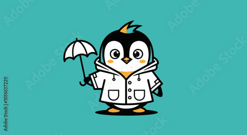 Cartoon penguin with umbrella on green background