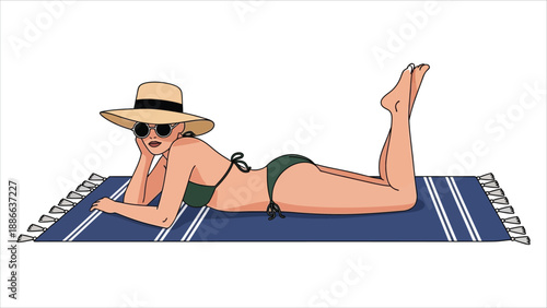 Vector Illustration of Woman Lying on Striped Towel Sunbathing Outdoors in Green Bikini.eps