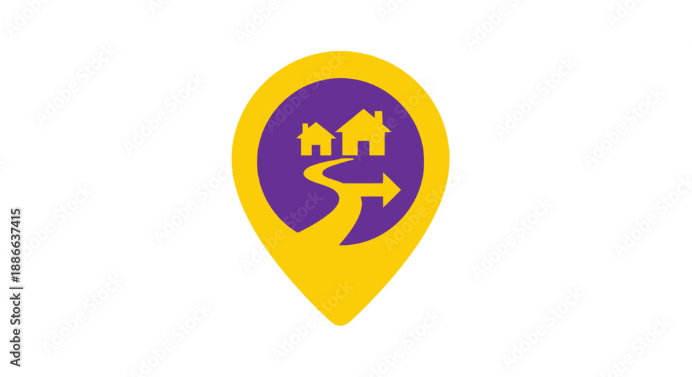 Obraz premium Home location map pin icon with winding path to houses. Real estate navigation symbol, journey to home, property search concept.