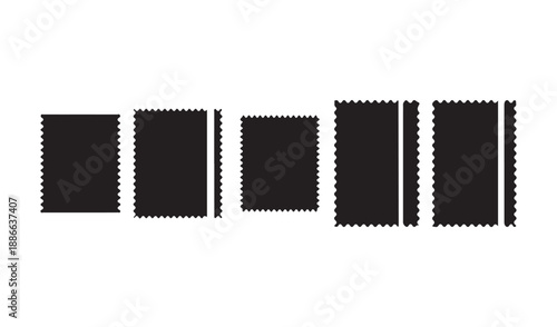 Row of five black squares with serrated edges, resembling postage stamps or perforated tickets.