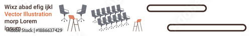 Workplace planning, office furniture design, seating arrangements, corporate spaces, presentation setup, and interior concepts. Rows of chairs and stools with text placeholders. Office furniture