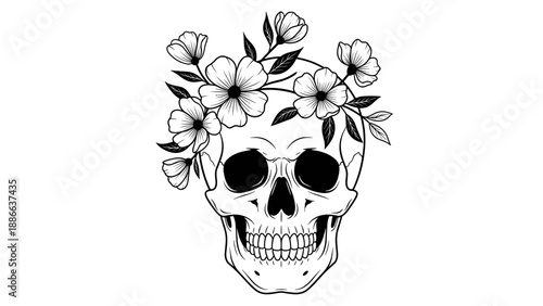 Skull adorned with delicate floral crown illustration.