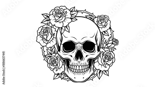 Skull and Roses A Detailed Black and White Illustration.