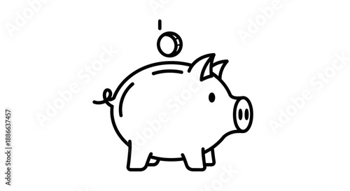 Piggy bank with coin drop outline icon. Simple black and white line art illustration representing saving money and financial investment.