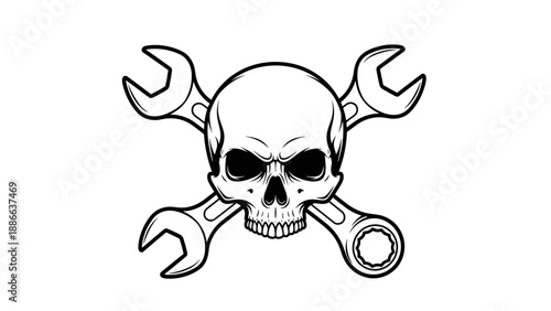 Skull and wrenches emblem representing automotive repair and mechanics.