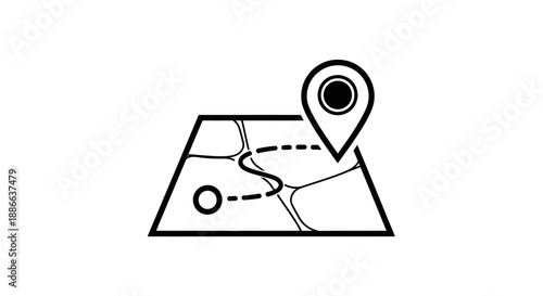Minimalist map icon with a location pin and winding route path. Concept of navigation, journey, destination, travel, and tracking.