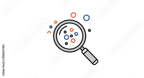 Magnifying glass icon analyzing small dots and data, representing search, research, discovery, and detailed investigation