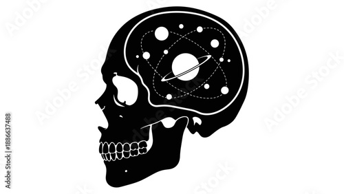 Skull filled with cosmic universe and planets illustration.