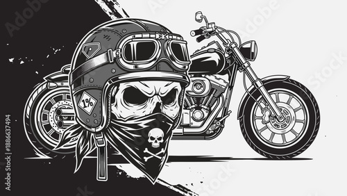 Skull helmet with goggles and bandana in front of motorcycle.