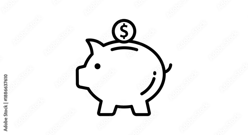 Obraz premium Financial saving piggy bank line art icon with dollar coin. Concept of money management, investment, economy, and budget planning.